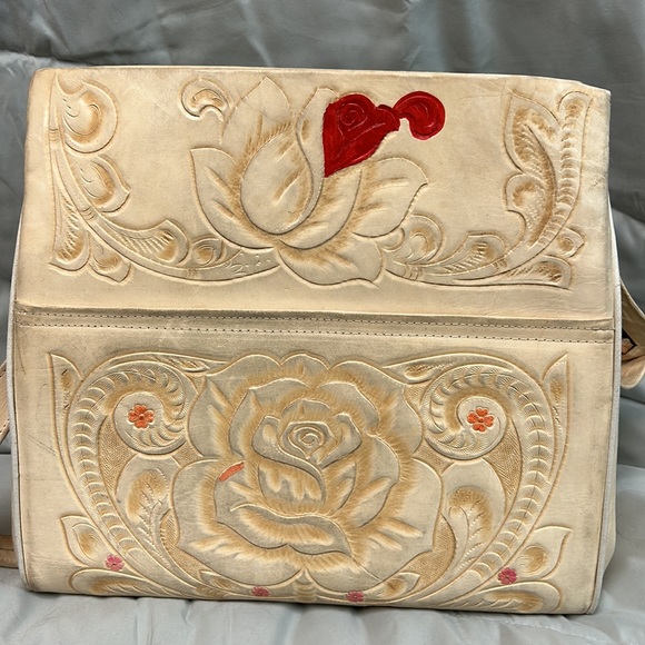 Vintage Leather Hand Tooled RARE Purse 1960s Mexico Ivory Yellow Mayan Roses - Picture 14 of 16